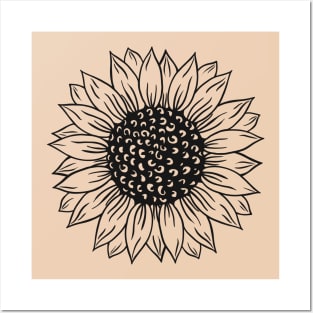 sunflower drawing black style and pink background Posters and Art